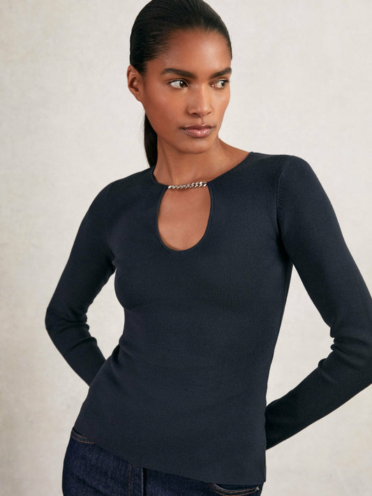 Reiss Deal - Chain-Detail Keyhole Knit Top in Navy