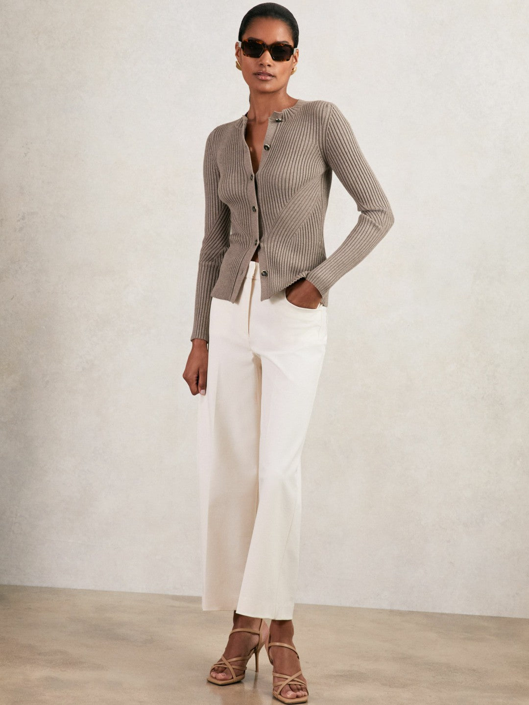 Reiss Button Front Knit Cardigan in Stone