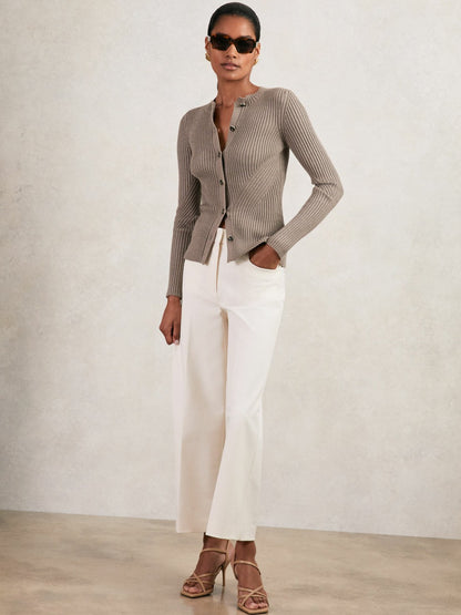 Reiss Button Front Knit Cardigan in Stone