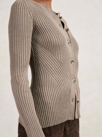 Reiss Button Front Knit Cardigan in Stone