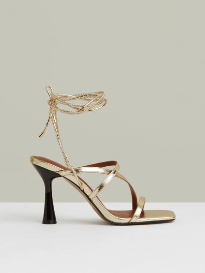 Reiss Sale - Leather Metallic Strappy Heeled Sandals in Gold