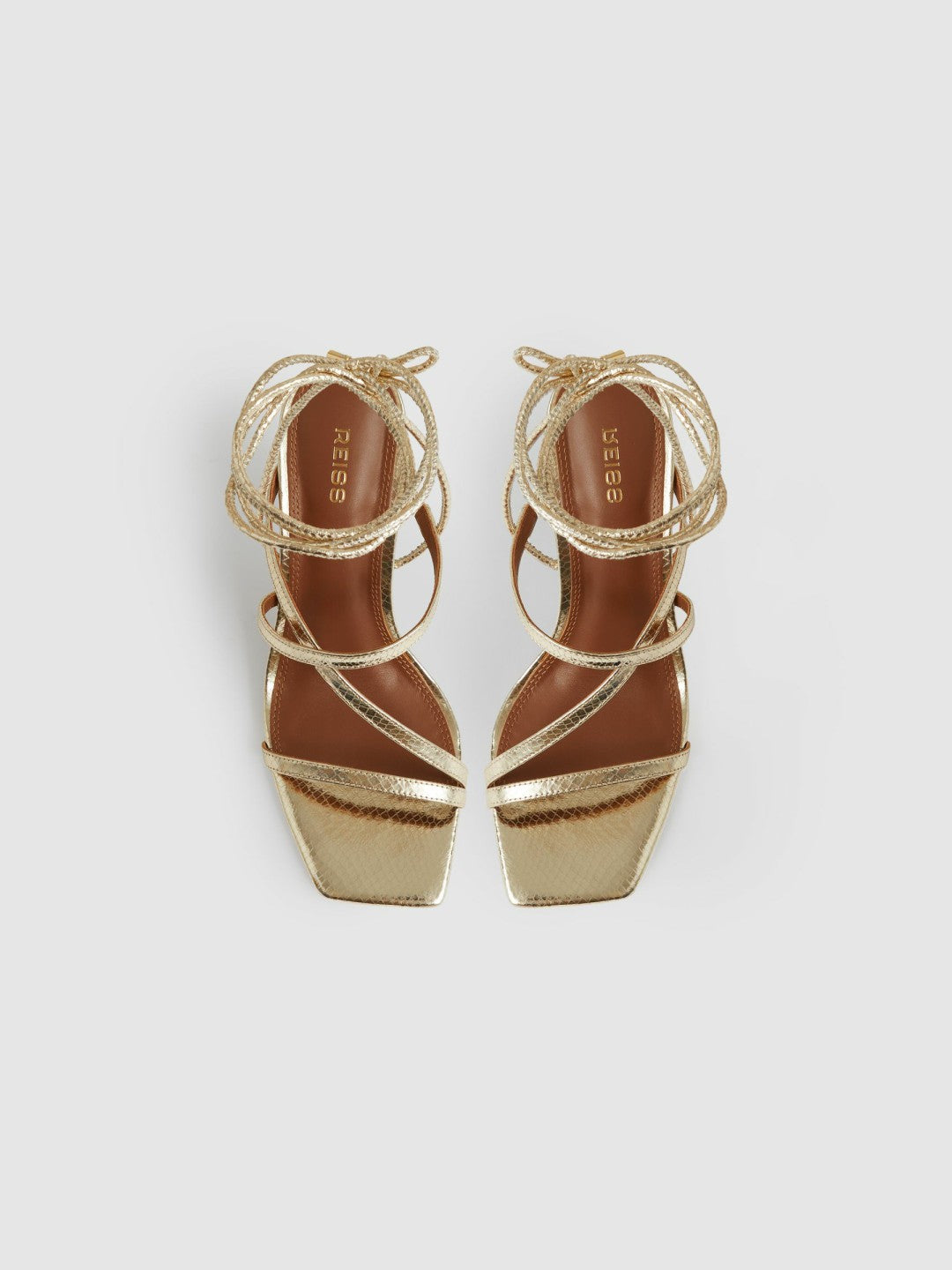 Reiss Sale - Leather Metallic Strappy Heeled Sandals in Gold