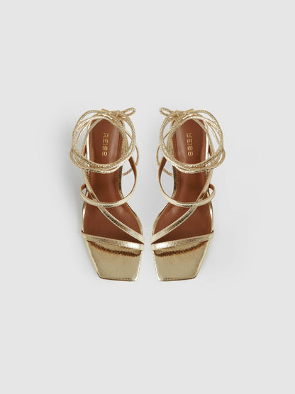 Reiss Sale - Leather Metallic Strappy Heeled Sandals in Gold