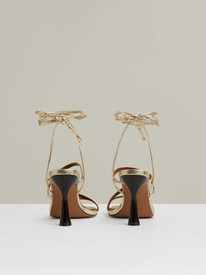 Reiss Sale - Leather Metallic Strappy Heeled Sandals in Gold