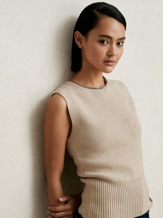 Reiss Sale - Wool-Blend Necklace-Trim Knitted Vest in Neutral