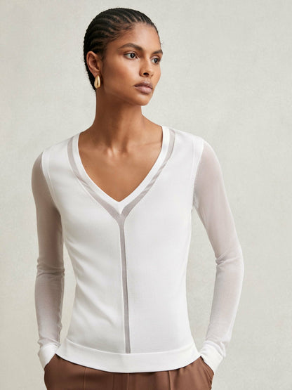 Reiss Sheer-Detail V-Neck Top in White