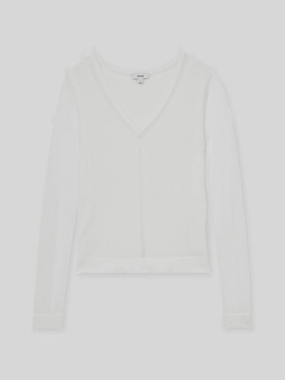 Reiss Sheer-Detail V-Neck Top in White