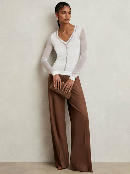 Reiss Sheer-Detail V-Neck Top in White