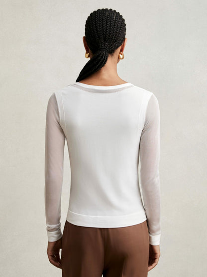 Reiss Sheer-Detail V-Neck Top in White