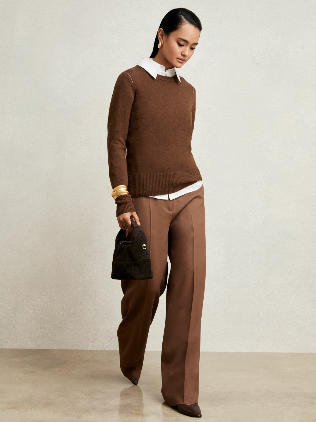 Reiss Wool-Blend Open-Stitch Jumper with Cashmere in Toffee Brown