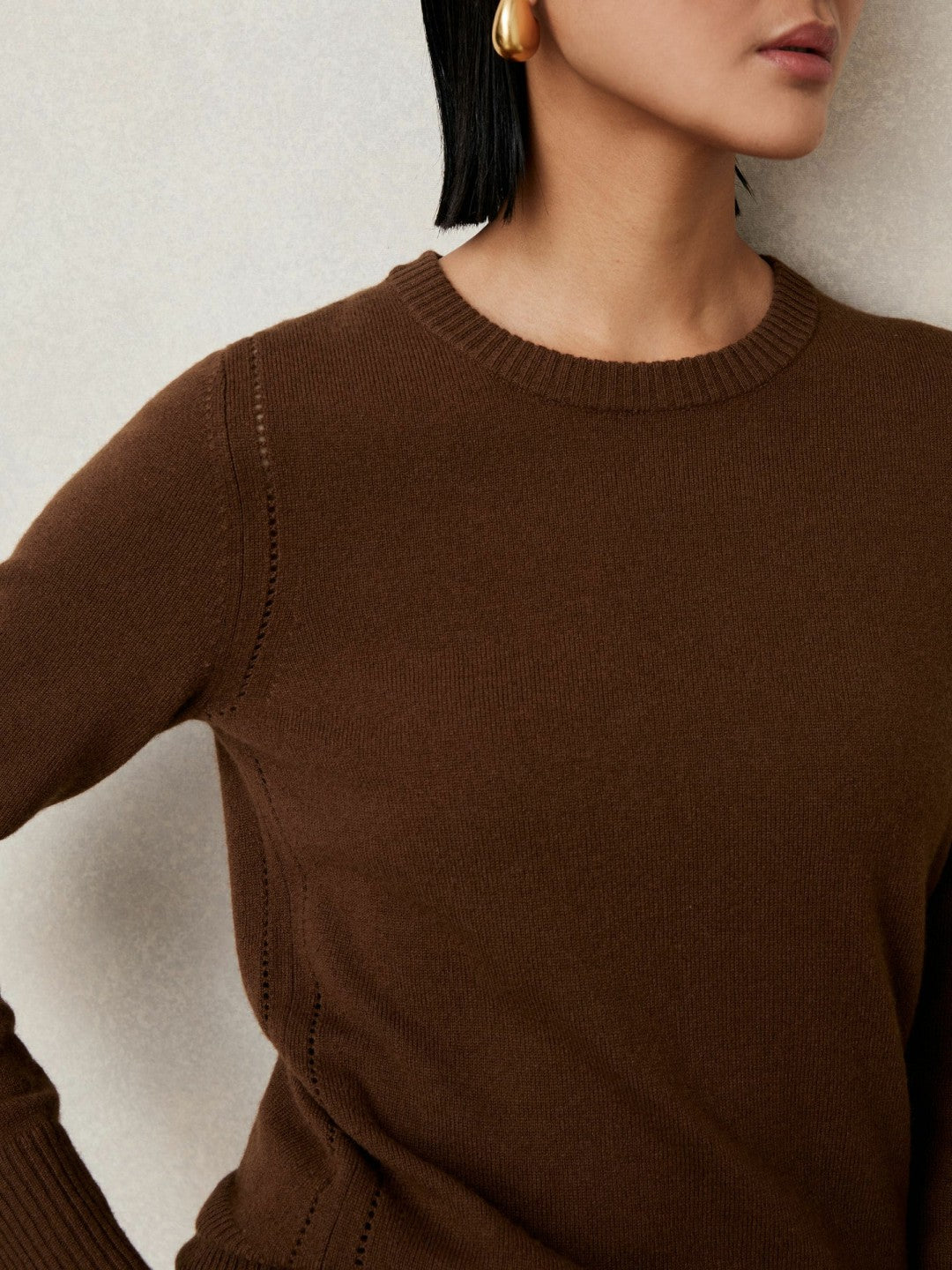 Reiss Wool-Blend Open-Stitch Jumper with Cashmere in Toffee Brown
