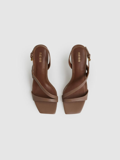 Reiss Popular Choice - Leather Cross-Strap Heeled Sandals in Neutral