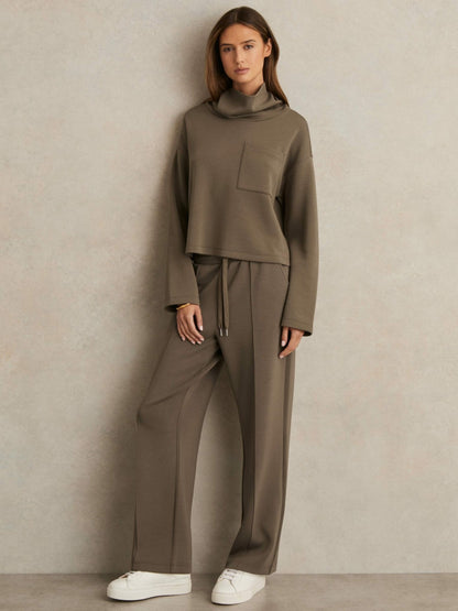 Reiss Deal - Petite Modal-Blend Interlock Wide-Leg Joggers in Khaki Green