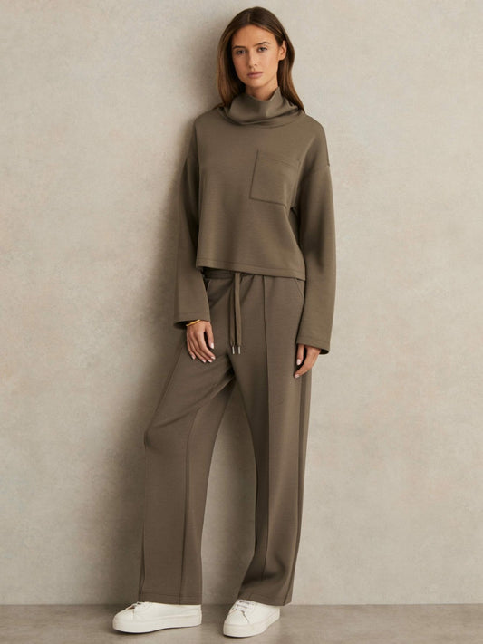 Reiss Deal - Petite Modal-Blend Interlock Wide-Leg Joggers in Khaki Green