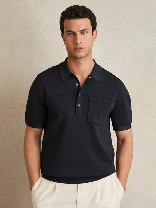 Reiss Affordable - Press-Stud Seam-Detail Polo Shirt in Navy