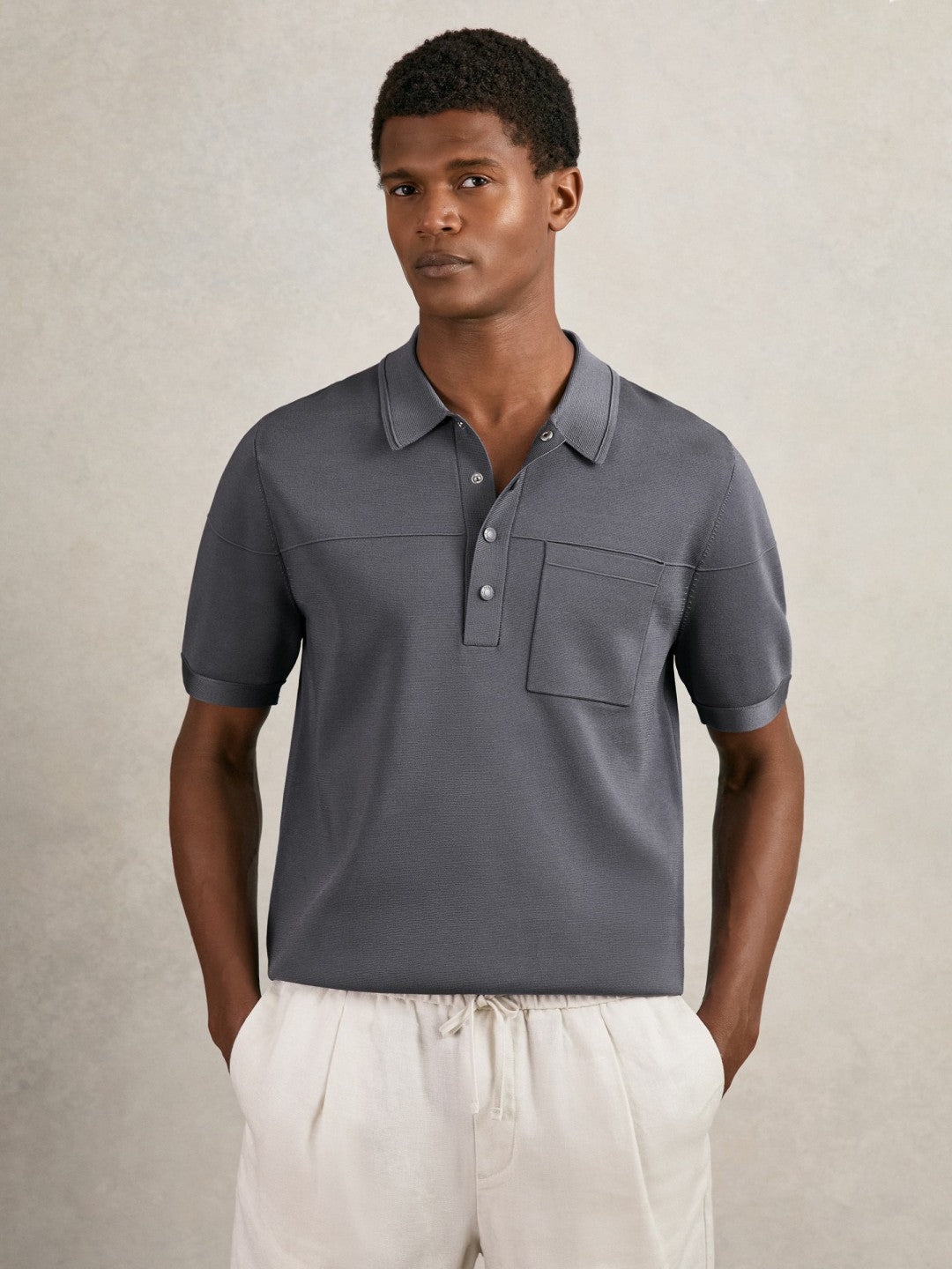 Reiss Best Seller - Press-Stud Seam-Detail Polo Shirt in Airforce Blue