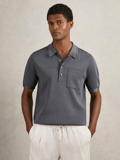 Reiss Best Seller - Press-Stud Seam-Detail Polo Shirt in Airforce Blue