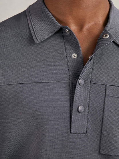 Reiss Best Seller - Press-Stud Seam-Detail Polo Shirt in Airforce Blue