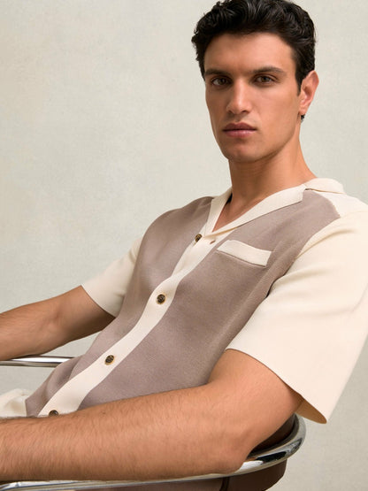 Reiss Savings - Colour-Block Cuban-Collar Knit Shirt in Taupe Brown/Light Stone