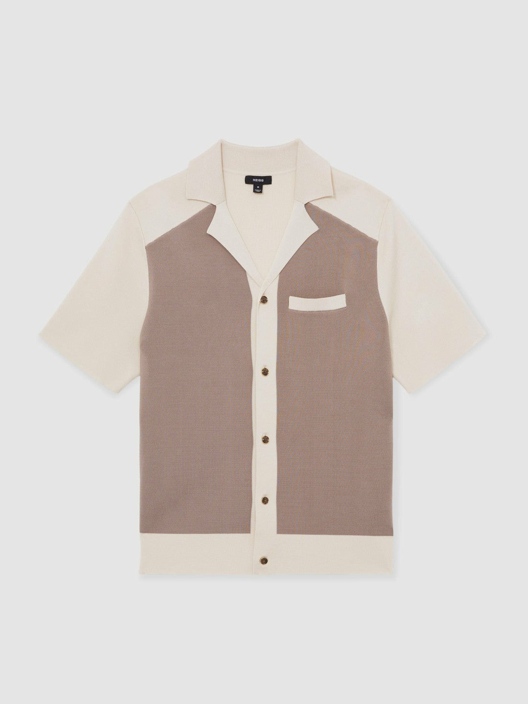 Reiss Savings - Colour-Block Cuban-Collar Knit Shirt in Taupe Brown/Light Stone