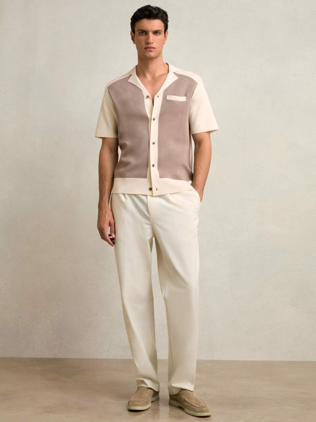 Reiss Savings - Colour-Block Cuban-Collar Knit Shirt in Taupe Brown/Light Stone