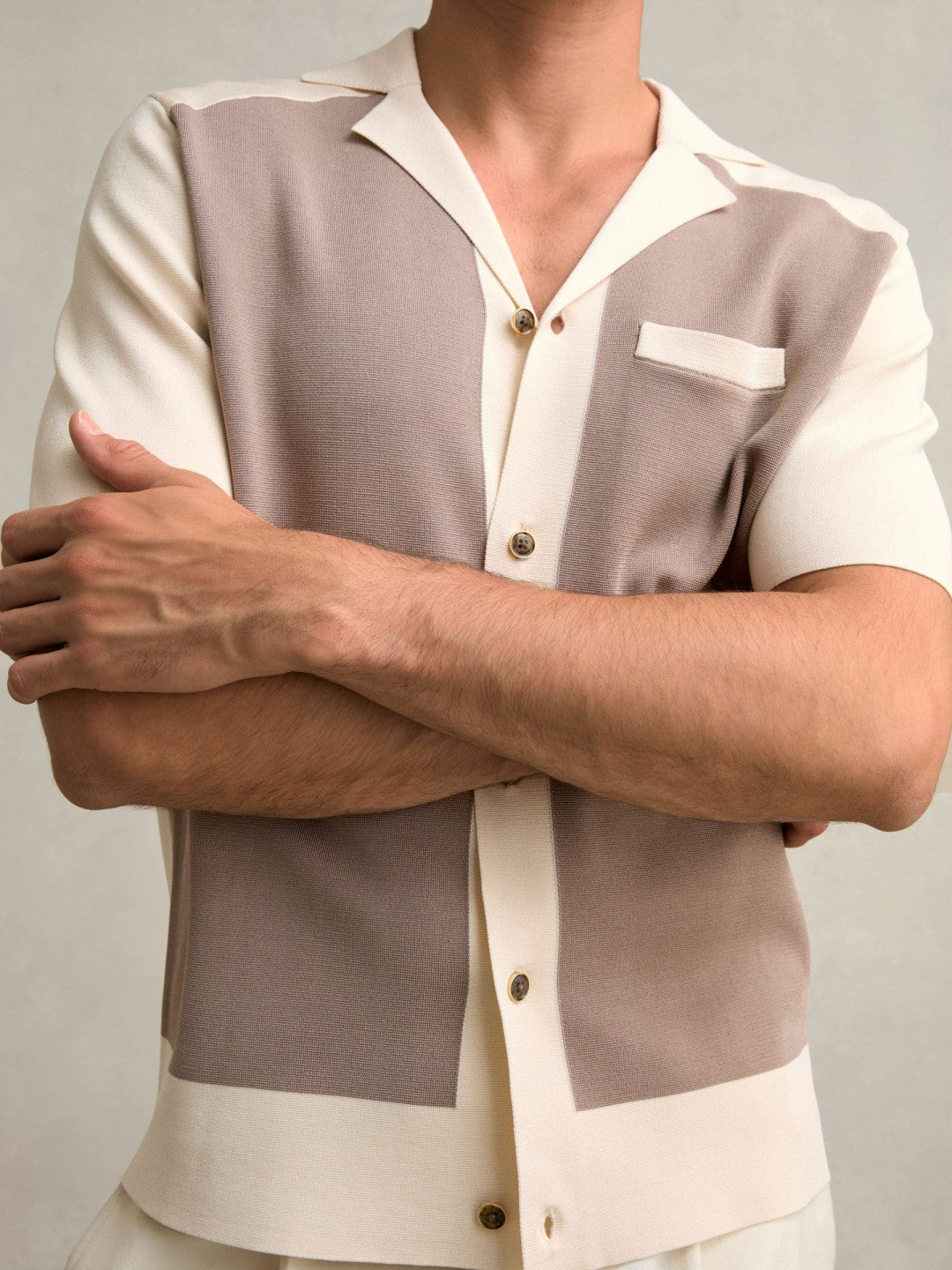 Reiss Savings - Colour-Block Cuban-Collar Knit Shirt in Taupe Brown/Light Stone