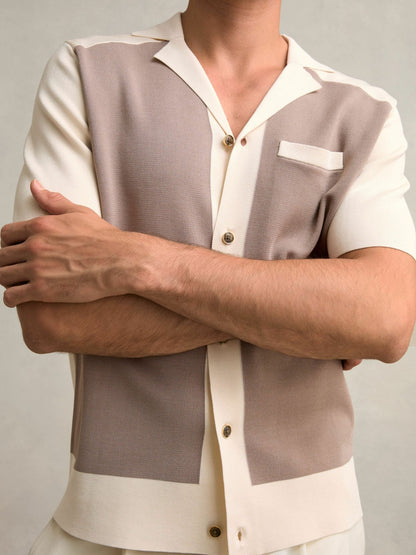 Reiss Savings - Colour-Block Cuban-Collar Knit Shirt in Taupe Brown/Light Stone