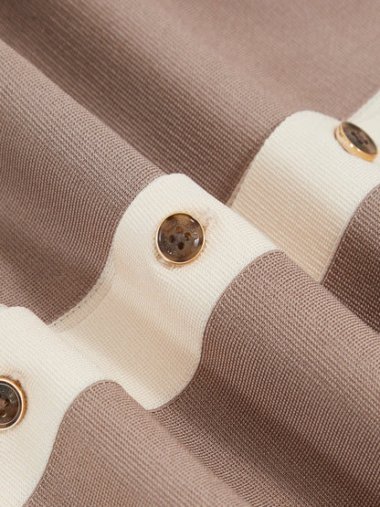 Reiss Savings - Colour-Block Cuban-Collar Knit Shirt in Taupe Brown/Light Stone