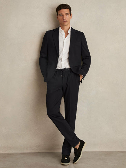 Reiss Sale - Slim Fit Jersey Drawstring Suit Trousers in Navy
