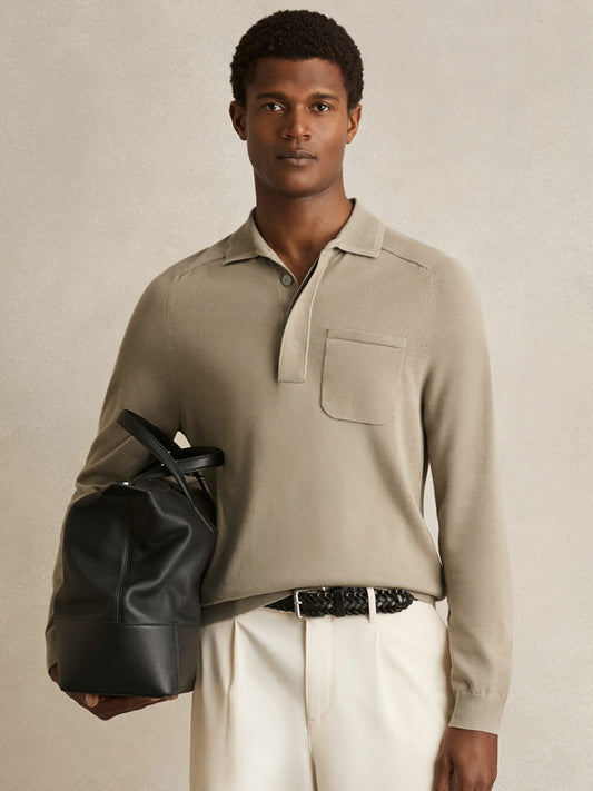 Reiss Affordable - Cotton Concealed Placket Polo Shirt in Light Sage Green