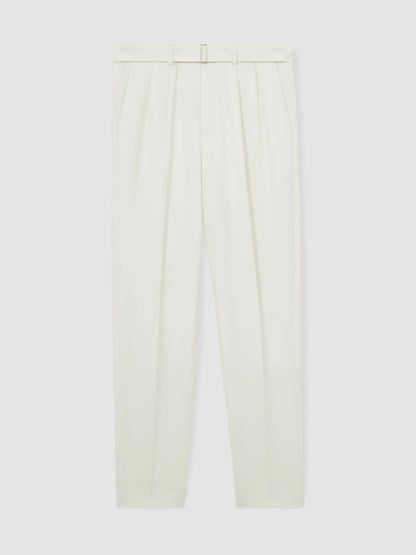 Reiss Featured - Wool-Blend Belted Pleated Trousers Regular-Fit in White