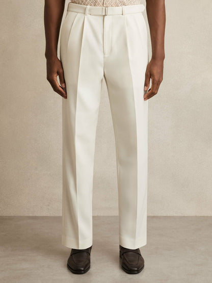 Reiss Featured - Wool-Blend Belted Pleated Trousers Regular-Fit in White