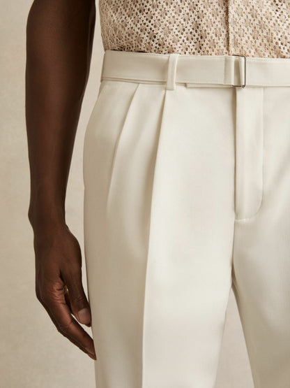 Reiss Featured - Wool-Blend Belted Pleated Trousers Regular-Fit in White
