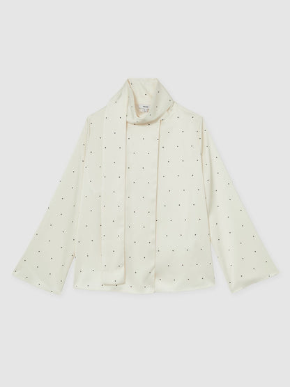 Reiss Featured - Satin Polka Dot Tie Neck Blouse in Ivory