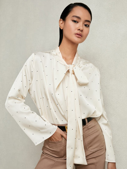Reiss Featured - Satin Polka Dot Tie Neck Blouse in Ivory