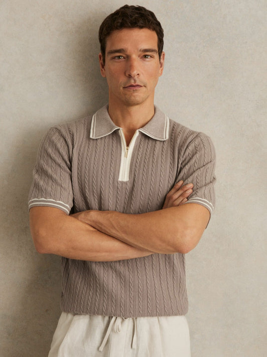 Reiss Sale - Micro-Cable Half-Zip Polo Shirt in Light Taupe Brown