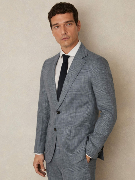 Reiss Popular Choice - Slim Fit Single Breasted Linen Check Suit Blazer in Soft Blue