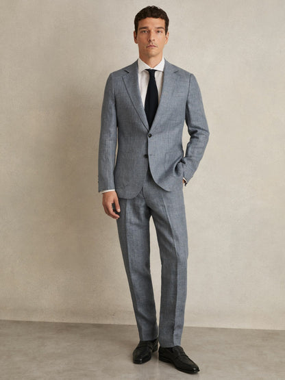 Reiss Popular Choice - Slim Fit Single Breasted Linen Check Suit Blazer in Soft Blue