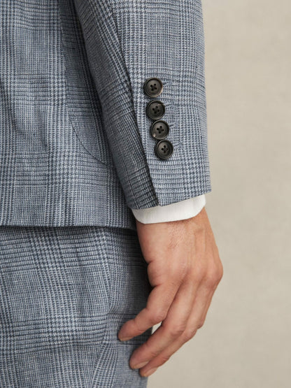 Reiss Popular Choice - Slim Fit Single Breasted Linen Check Suit Blazer in Soft Blue