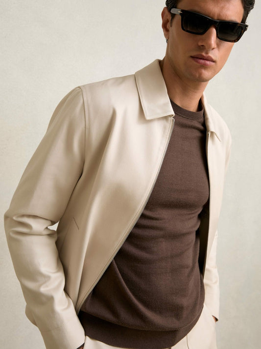 Reiss Best Seller - Lyocell-Cotton Zip-Through Twill Jacket in Ecru