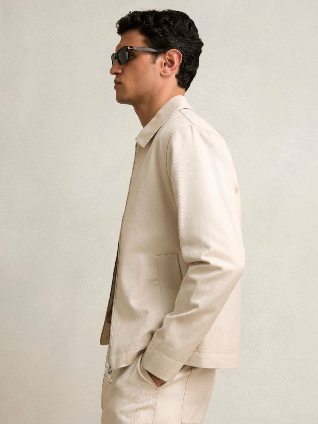 Reiss Best Seller - Lyocell-Cotton Zip-Through Twill Jacket in Ecru