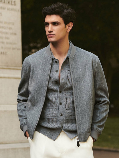 Reiss Savings - Wool-Blend Chalk-Stripe Bomber Jacket in Grey