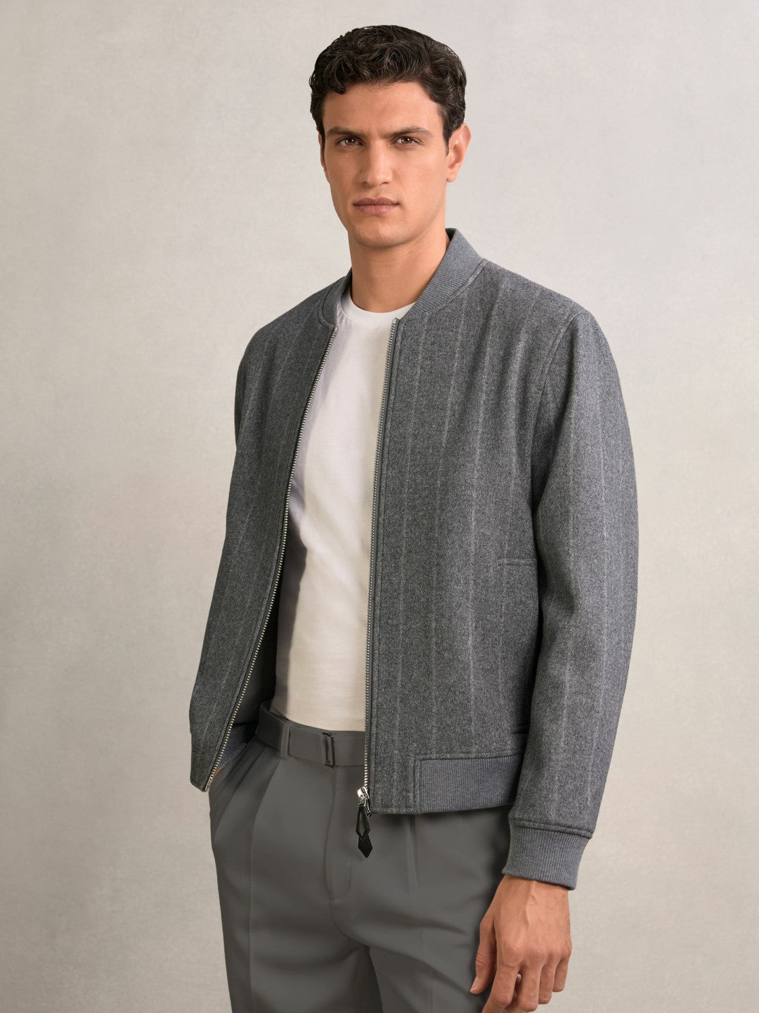 Reiss Savings - Wool-Blend Chalk-Stripe Bomber Jacket in Grey