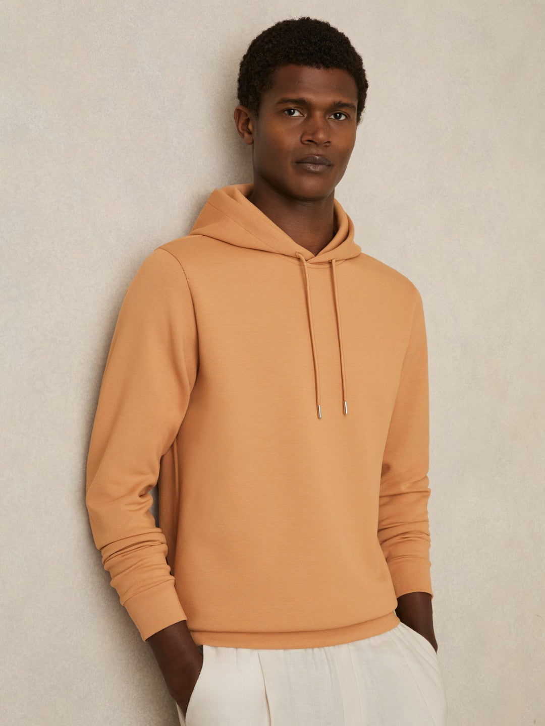 Reiss Savings - Interlock Jersey Drawstring Hoodie in Light Camel Brown