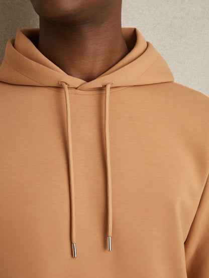 Reiss Savings - Interlock Jersey Drawstring Hoodie in Light Camel Brown
