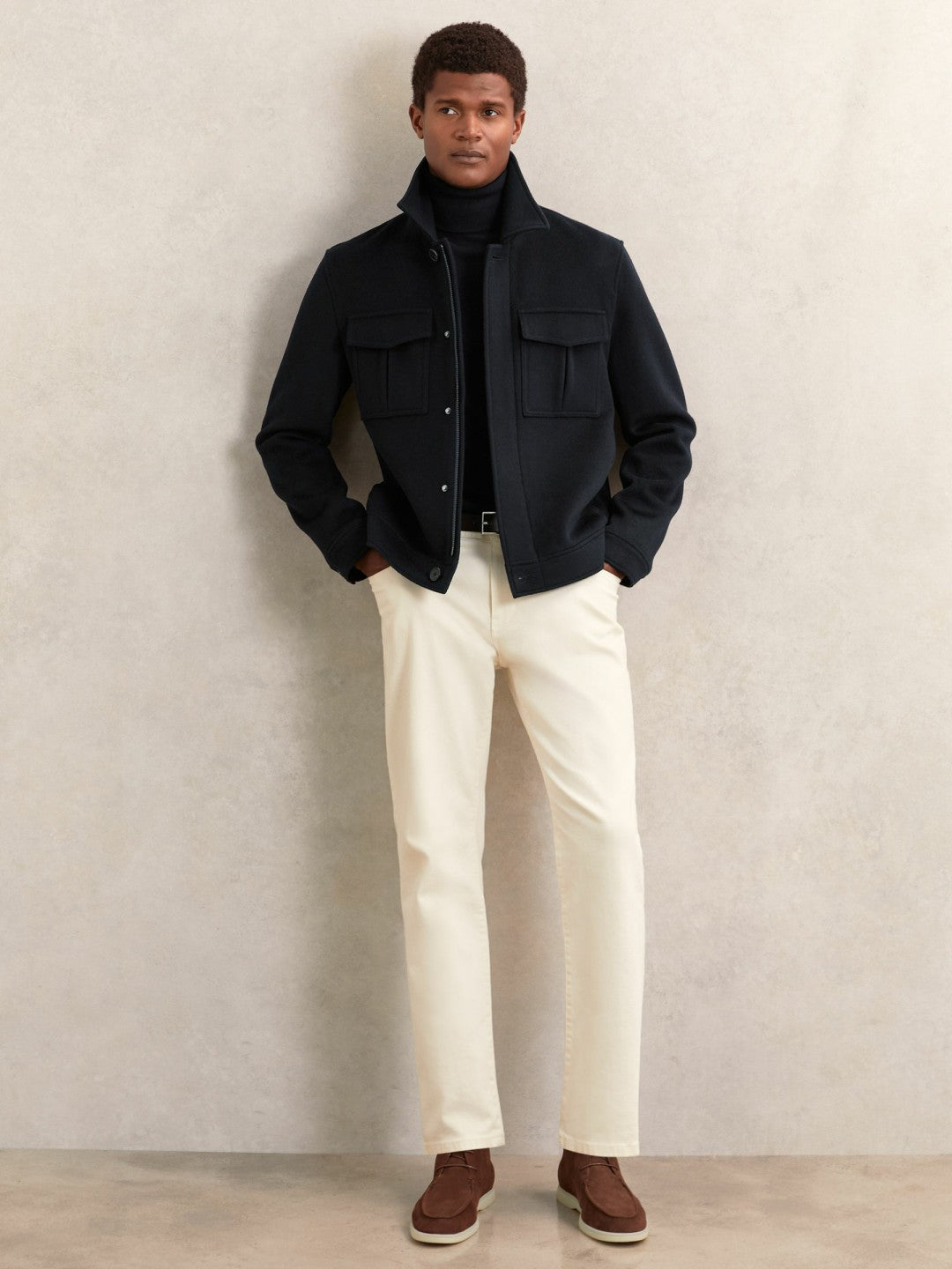 Reiss Sale - Wool Blend Twin Pocket Zipped Jacket in Navy