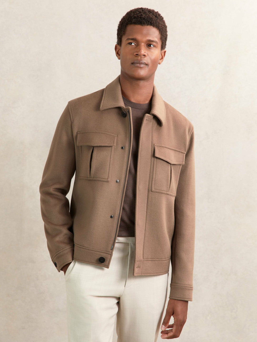 Reiss Popular Choice - Wool Blend Twin Pocket Zipped Jacket in Dark Brown