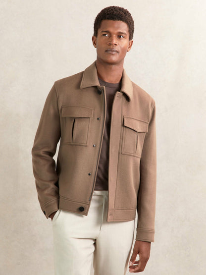 Reiss Popular Choice - Wool Blend Twin Pocket Zipped Jacket in Dark Brown