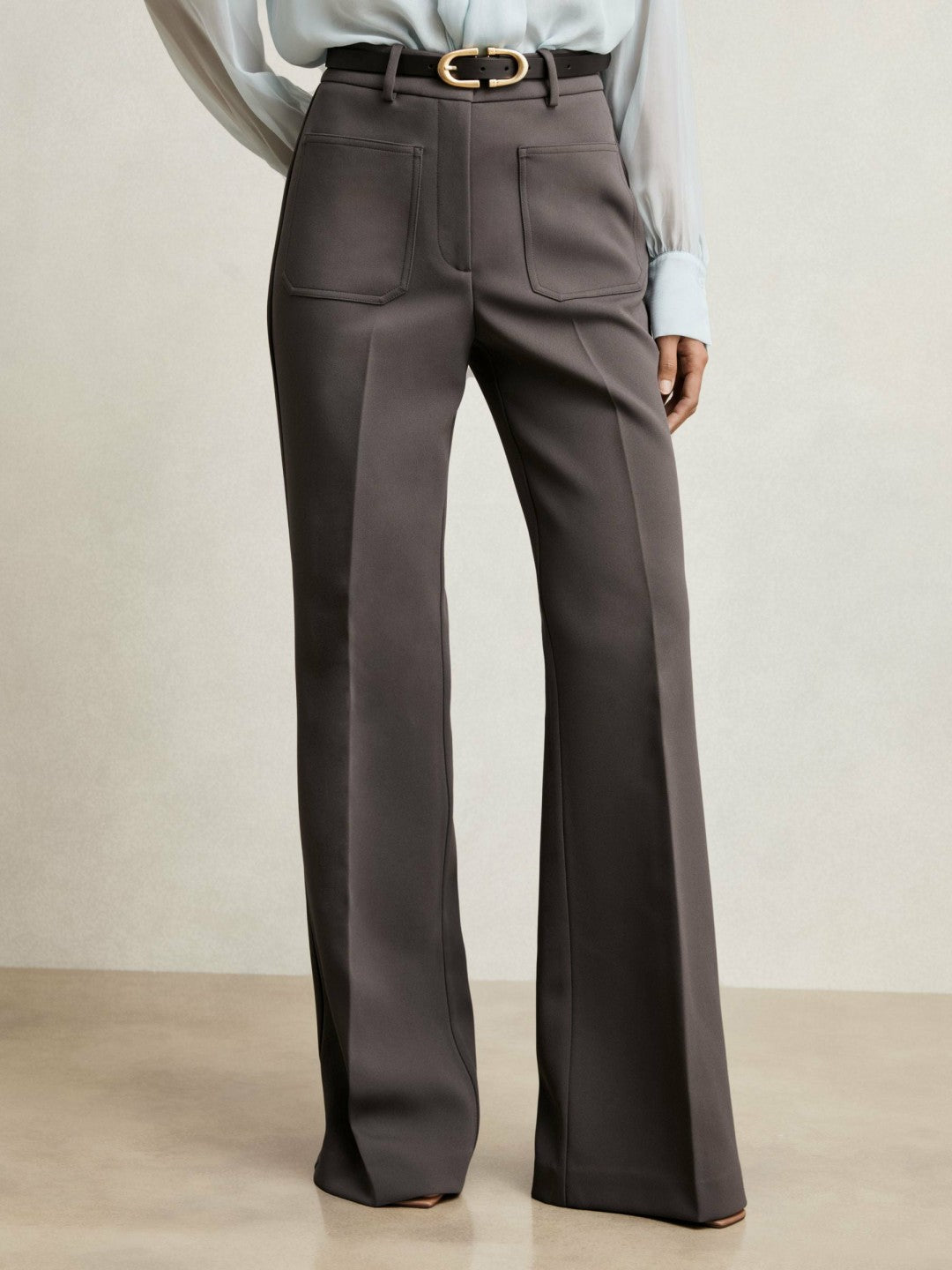 Reiss Twill Patch-Pocket Flared Trousers in Mauve Neutral