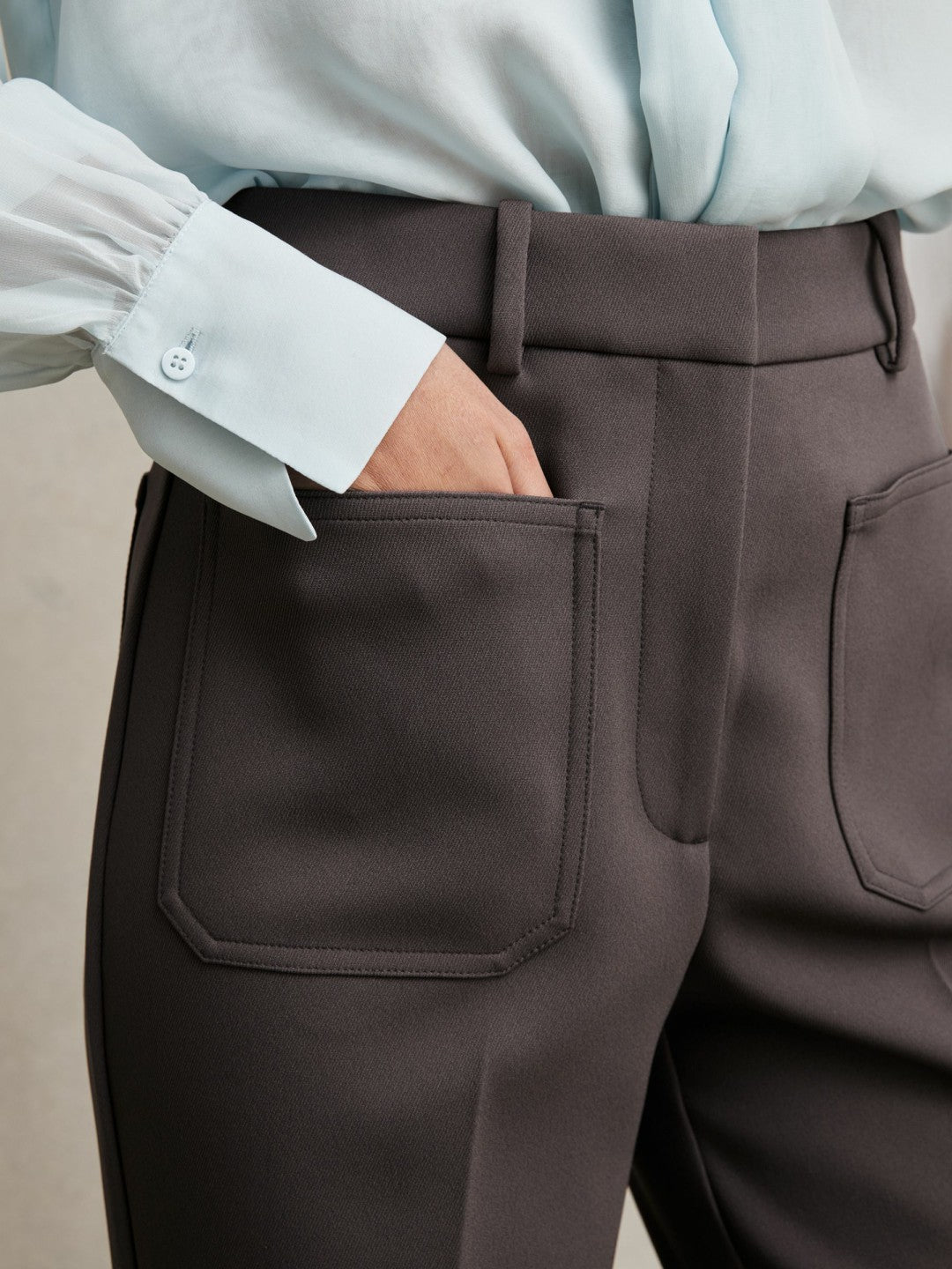 Reiss Twill Patch-Pocket Flared Trousers in Mauve Neutral